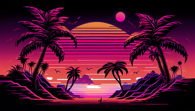 Retrowave inspirado, dise&ntilde;o 2d, vectorizado, monta&ntilde;as, palmeras, puesta de sol, isom&eacute;trica de 18 bits, onda sint&eacute;tica , generado con IA.