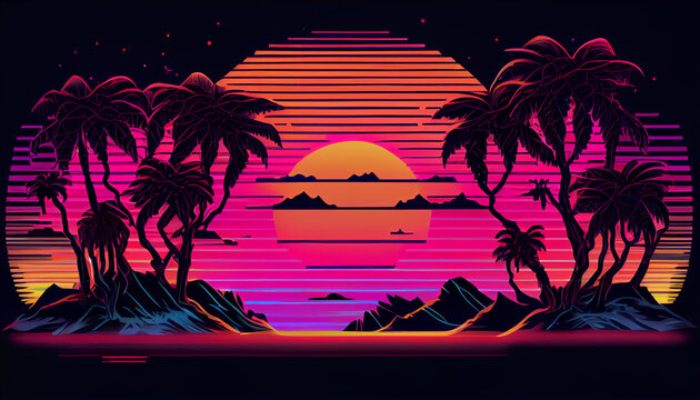 Retrowave inspirado, dise&ntilde;o 2d, vectorizado, monta&ntilde;as, palmeras, puesta de sol, isom&eacute;trica de 18 bits, onda sint&eacute;tica , generado con IA.
