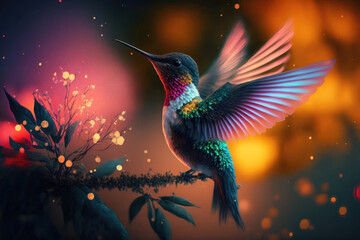 Nature's Beauty: Hummingbird Amongst the Trees and Flowers. Generative Ai