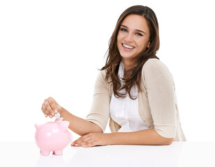 Beautiful female insurance or finance or real estate broker portraying saving by the gesture of...