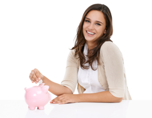 Beautiful female insurance or finance or real estate broker portraying saving by the gesture of putting coins in a piggy bag container isolated on a png background.