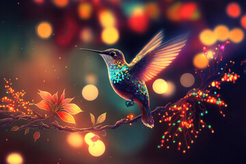 Fototapeta premium Nature's Beauty: Hummingbird Amongst the Trees and Flowers. Generative Ai