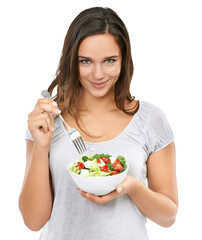 A cheerful and excited girl or a female model dieting for health and wellness and eating nutritious salad in her vegan diet for a healthy food lifestyle isolated on a png background.
