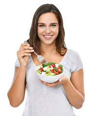 Beautiful excited diet-conscious female model eating healthy, nutritious salad as a healthy food...