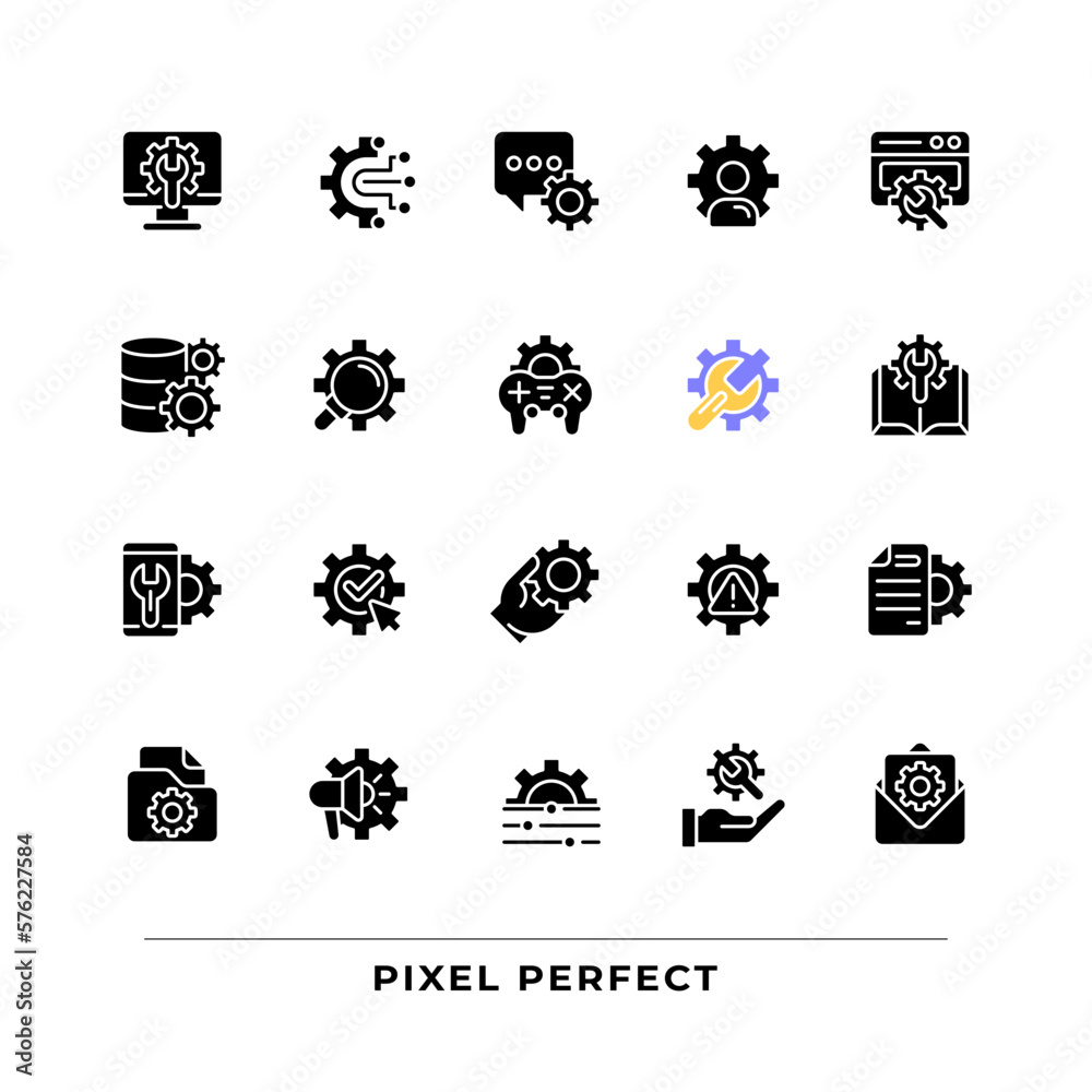 Poster setup and settings black glyph icons set on white space. computer system configuration. save changes