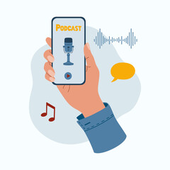 Hand holding smartphone with microphone on screen. Online podcast in mobile app. Hand drawn vector illustration isolated on light background. Flat cartoon style.