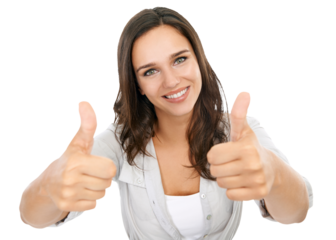 A beautiful happy woman model giving a thumbs up, yes, thank you and success hands sign with motivation and winning agreement vision isolated on png background.