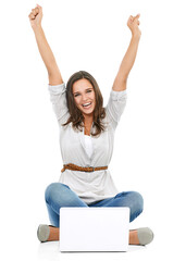 A cheerful young girl model excited after winning an online rummy, poker, or a game on a computer laptop expressing her happiness isolated on a PNG background.