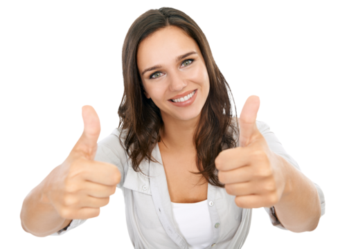 A beautiful happy woman model giving a thumbs up, yes, thank you and success hands sign with motivation and winning agreement vision isolated on png background.