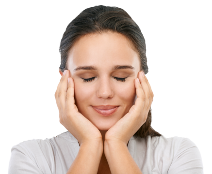 A beautiful caucasian female model satisfied after the spa treatment and sitting with eyes closed and relaxing after facial treatment in the spa isolated on a png background.