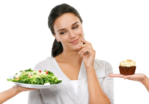 A healthy female model or women with salad or cake choices but thinking to opt for a green vegetable, healthy food, diet, or detox isolated on a png background.