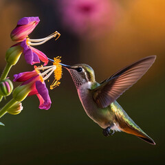 A tiny hummingbird sipping nectar from a flower