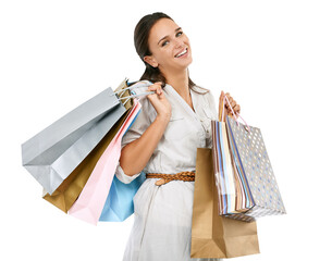 A shop addict woman or a happy customer with a paper bag at a retail and fashion store shopping for...