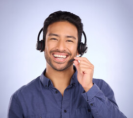 Happy, call center and smile with portrait of man for customer service, help desk and technical support. Networking, communication and contact us with employee for sales, crm and consultant in studio