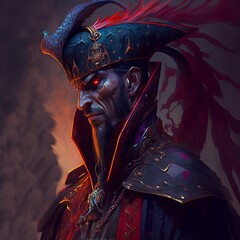 An Evil Pirate Captain with Glowing Red Eyes Wearing a Feathery Hat and an Intricate Robe Generative AI