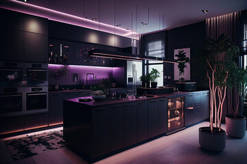 In an ultra-modern, spacious apartment, discover a trendy luxury kitchen with sleek, dark-hued decor, enhanced by stylish LED lighting. Complete with a cooking island and adjoining dining room