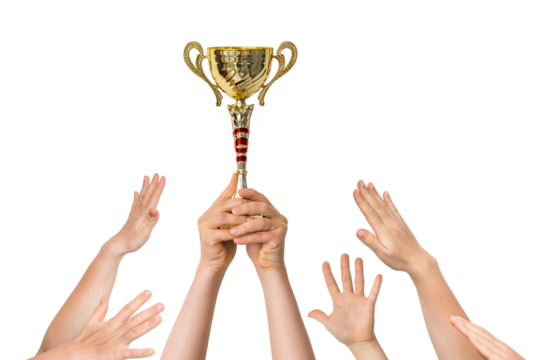 Winner is holding trophy in hands - many hands raised up