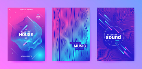 Futuristic Abstract Dance Poster. Electronic Sound Flyer. Techno Party Cover. Vector 3d Background. Abstract Dance Poster. Minimal Fest Illustration. Gradient Wave Round. Dance Posters Set.
