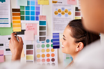 Designer, color palette and people planning creative project, brand development or b2b collaboration advice. Ideas brainstorming on moodboard of design worker, woman and client for choice or decision - Powered by Adobe