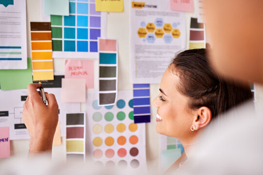 Designer, color palette and people planning creative project, brand development or b2b collaboration advice. Ideas brainstorming on moodboard of design worker, woman and client for choice or decision