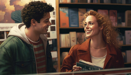 A couple looking at each other, having bookstore dates wearing 1990s fashion. Created with generative AI technology.