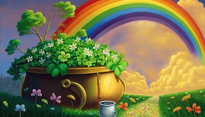 St Patrick's Day Concept, Magic Pot O Gold in a Clover Field with a Rainbow, Background, Ai, Ai Generated
