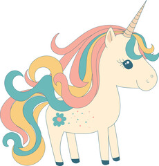 Cute little coloful baby unicorn with beautiful hair