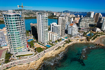 Aerial panoramic view of the beautiful city of Calp in Spain with Peñón de Ifach Parc Natural