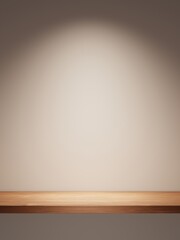 3d wooden shelf with spotlight against white wall background. 3d rendering of realistic presentation for product advertising. 3d minimal illustration.