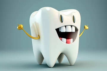 A happy tooth on a white background realistic cartoon style, Generative AI	
