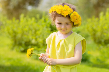 portrait of cute little girl with wreath and bouquet of yellow dandelions in park. happy child with flowers on green background. kid spring