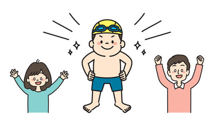 水泳に自信を持つ子供と喜ぶ親のイラスト