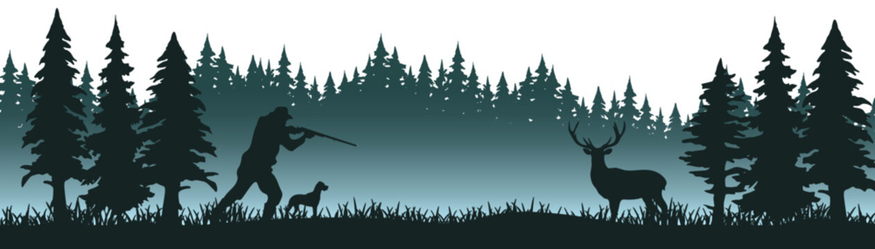 Wildlife forest woods misty fog landscape hunt hobby background banner illustration vector for logo - Silhouette of hunter and dog hunting, deer and forest trees fir, isolated on white background