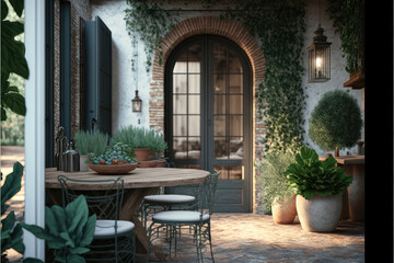 Contrasting Kitchen Styles in a Tuscan Courtyard. Generative Ai