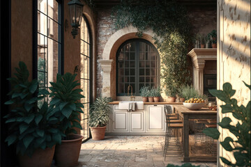 Fototapeta na wymiar Contrasting Kitchen Styles in a Tuscan Courtyard. Generative Ai