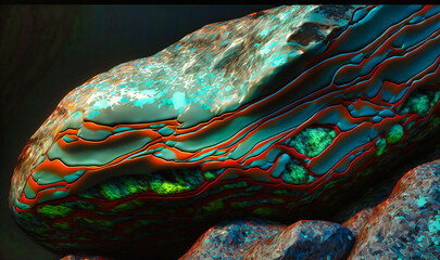 The smooth and polished surface of a river rock, displaying the beautiful patterns and colors of natural stone