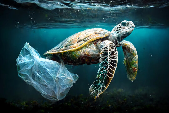 Turtle swims near a plastic bag. Plastic pollution in ocean, fighting for a clean ocean concept