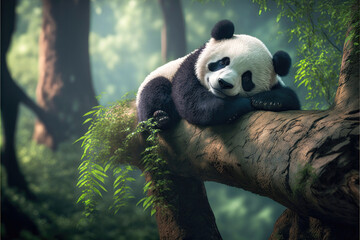 Fototapeta premium Panda in the Wild: A Lazy Day in the Forest. Generative Ai