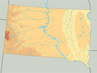 High detailed South Dakota physical map with labeling.