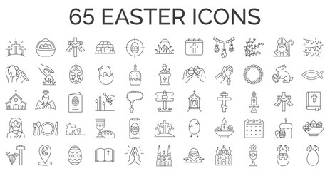 Set of 65 easter line icons. Spring, holidays, Christ, God, Christianity. Collection of editable stroke icons. Vector illustrator.