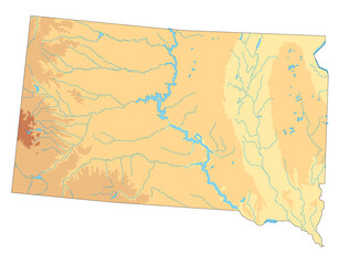 High detailed South Dakota physical map with labeling.