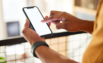 Phone screen, mockup and hands typing in city for product placement, marketing or advertising. Technology, branding space and black man with 5g mobile smartphone for social media and web browsing.