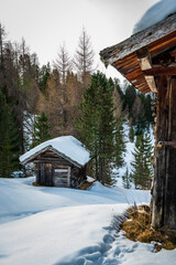 Alta Val Badia in winter. The village of La Val surrounded by the Dolomites. 