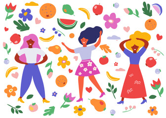 Summer bright set with girls, flowers, fruits, hearts. Simple objects of plants, people, shapes. Vector graphics.