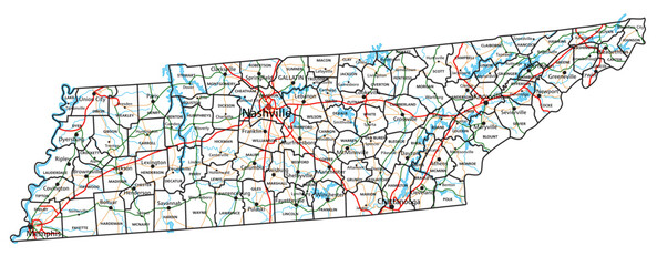 Tennessee road and highway map. Vector illustration.