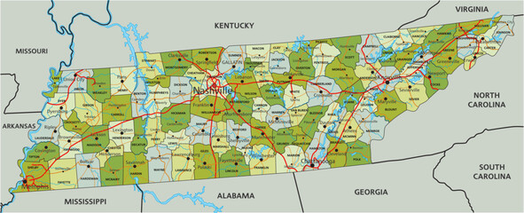 Highly detailed editable political map with separated layers. Tennessee.