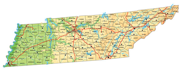 High detailed Tennessee physical map with labeling.