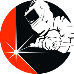 Welder in helmet and welding machine. Design for welding and welder