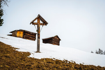 Alta Val Badia in winter. The village of La Val surrounded by the Dolomites. 