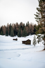 Alta Val Badia in winter. The village of La Val surrounded by the Dolomites. 